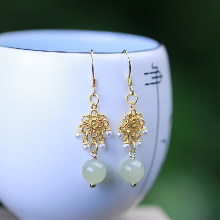 Hetian Jade Flower Pattern 14K Gold Plated Luck Drop Dangle Earrings