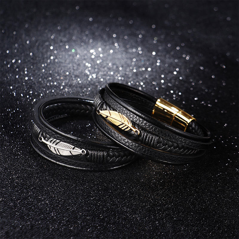 Buddha Stones Feather Pattern Multilayer Leather Titanium Steel Calm Braided Magnetic Buckle Bracelet