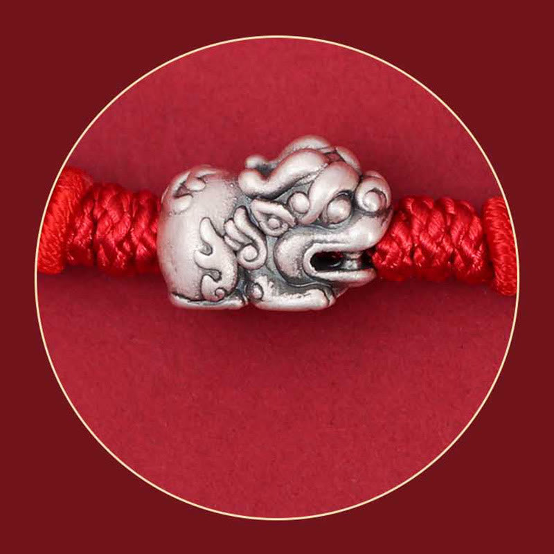 Buddha Stones 925 Sterling Silver PiXiu Fu Character Wealth Luck Handmade Braided Bracelet