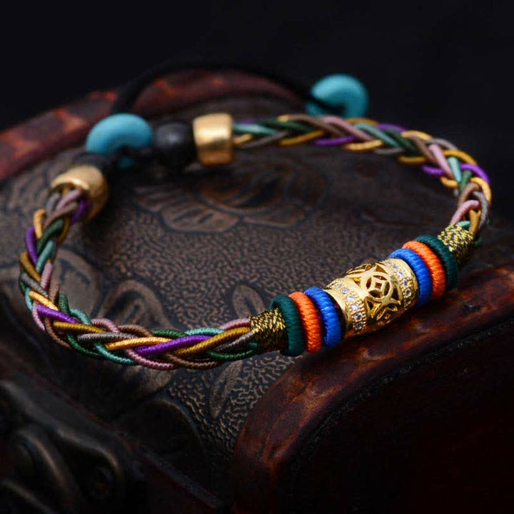 Buddha Stones Tibetan Handmade Eight Thread Knot Copper Coin Luck Weave String Bracelet