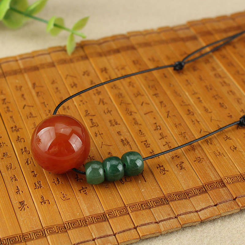 Buddha Stones Red Agate Green Aventurine Green Bodhi Seed Bead Calm Leather Rope Necklace Pendant