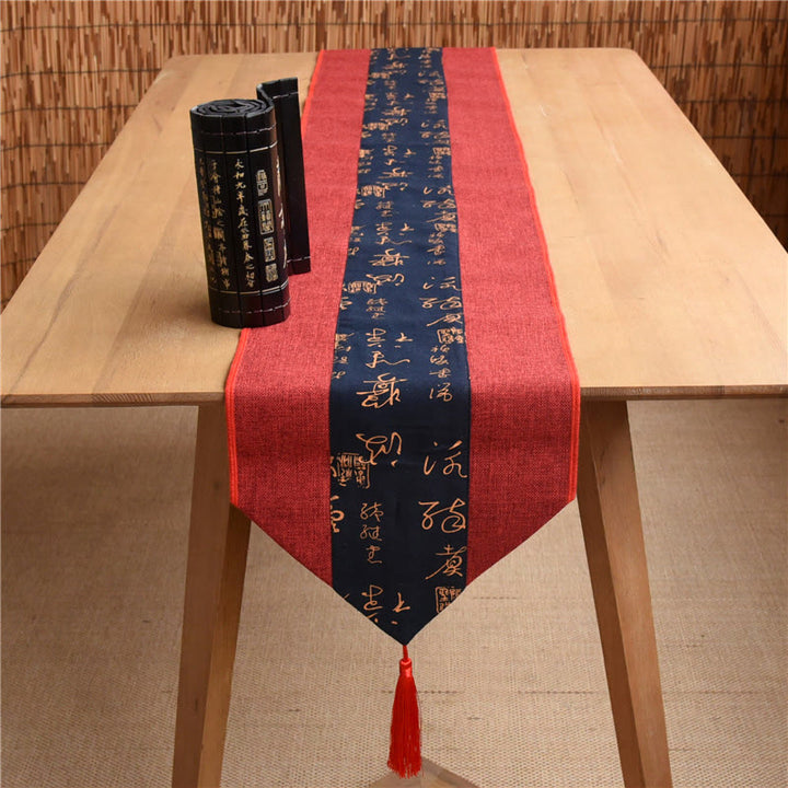 Buddha Stones Classic Chinese Style Lotus Koi Fish Flower Crane Calligraphy Enlightenment Cotton Linen Tassels Table Runner