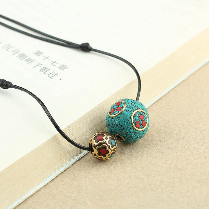 Buddha Stones Tibetan Turquoise Double Bead Protection Strength Necklace Pendant