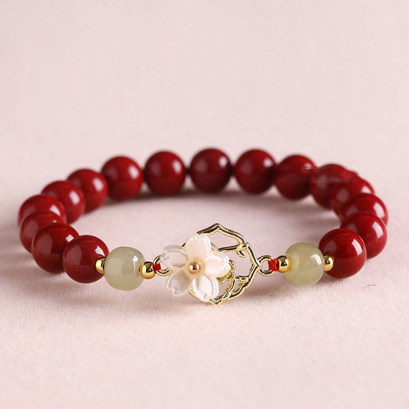 Buddha Stones Natural Cinnabar Jade Beaded Tridacna Stone Flower Blessing Bracelet