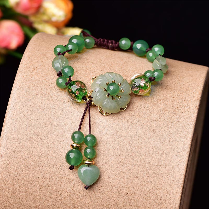 Buddha Stones Natural Green Jade Luck Dangling Flower Bracelet