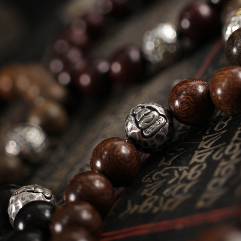 Buddha Stones 999 Sterling Silver Green Sandalwood Small Leaf Red Sandalwood Buddha Cure Bracelet