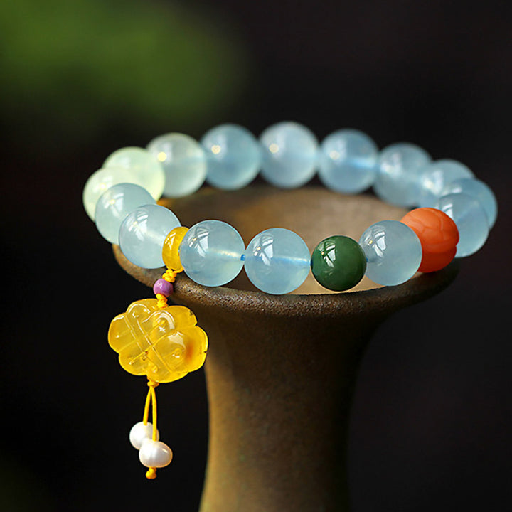 Natural Aquamarine Amber Chinese Knotting Charm Peace Bracelet