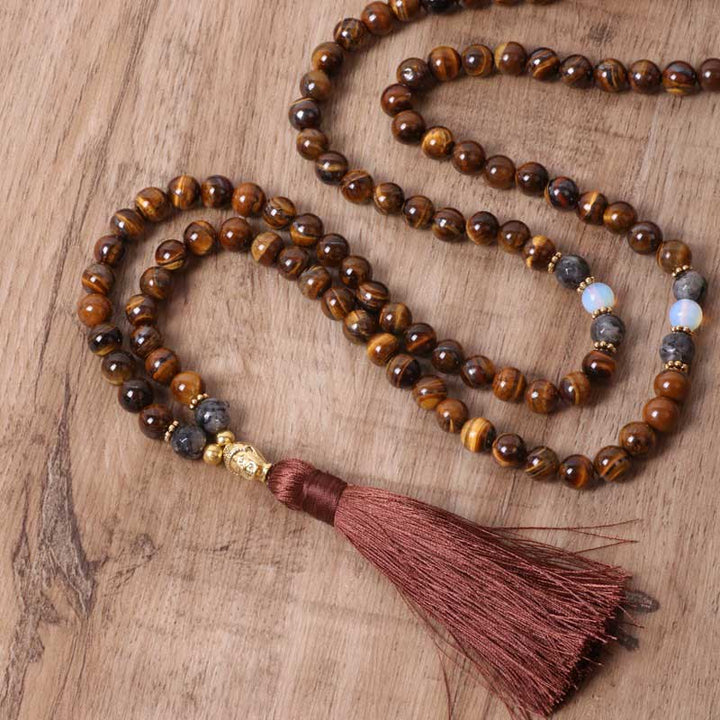 Buddha Stones Tibetan Tiger Eye Buddha Strength Power Beaded Tassel Pendant Necklace