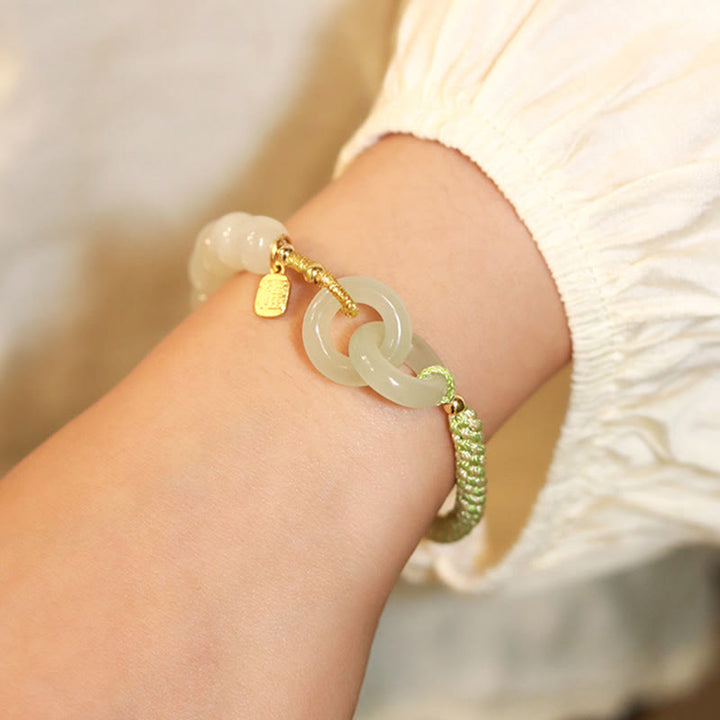 Buddha Stones Natural Hetian Jade Bead Double Peace Buckle Fu Character Abundance Braided Bracelet