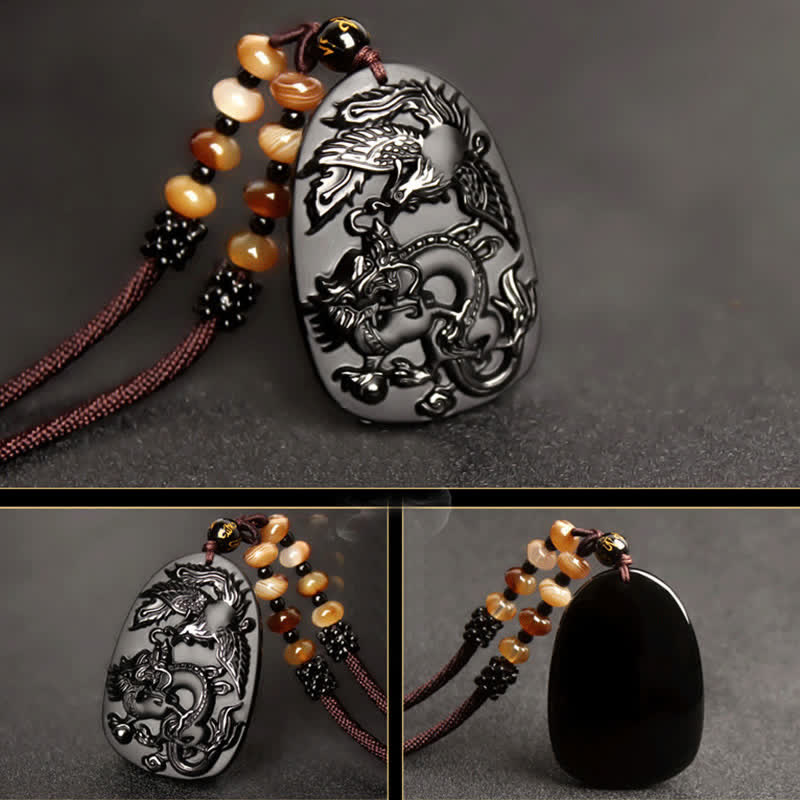 Black Obsidian Tiger Eye Dragon Phoenix Protection Beaded Necklace Pendant