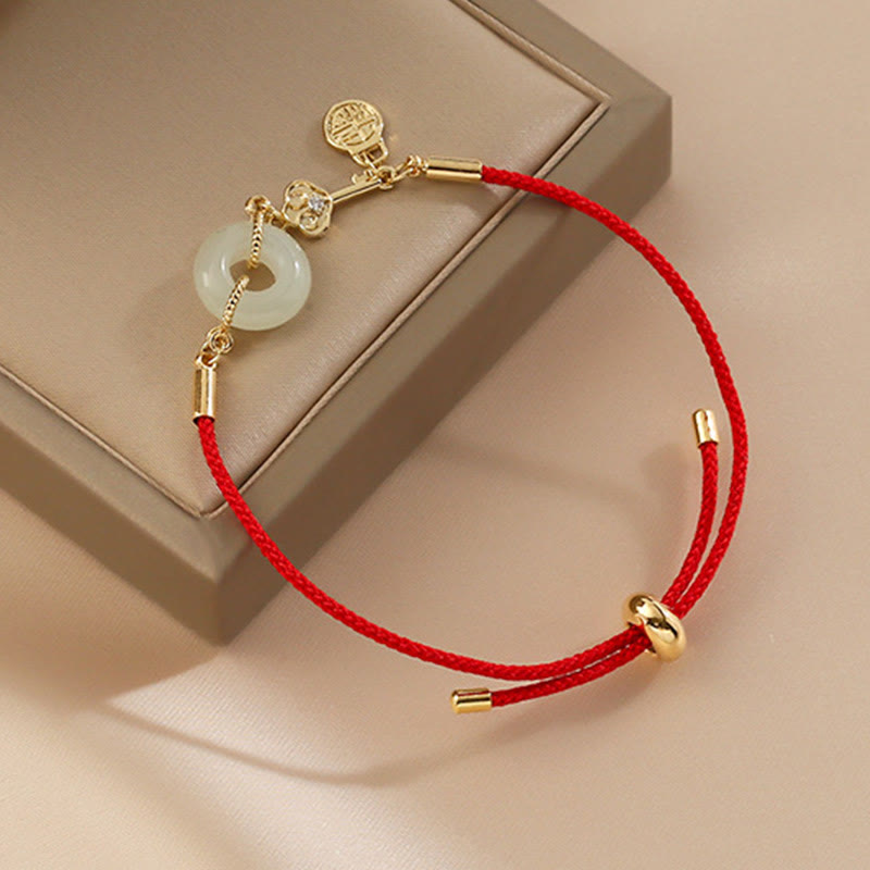 Buddha Stones 18K Gold Plated Hetian Jade Peace Buckle Fu Character Luck Red Rope Bracelet