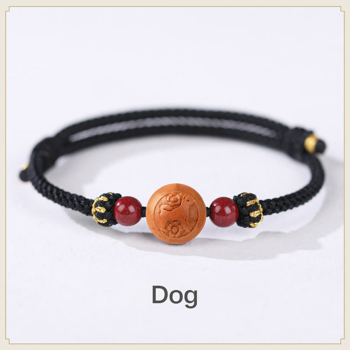 Buddha Stones Natural Peach Wood Chinese Zodiac Fu Character Carved Cinnabar Wealth Bracelet