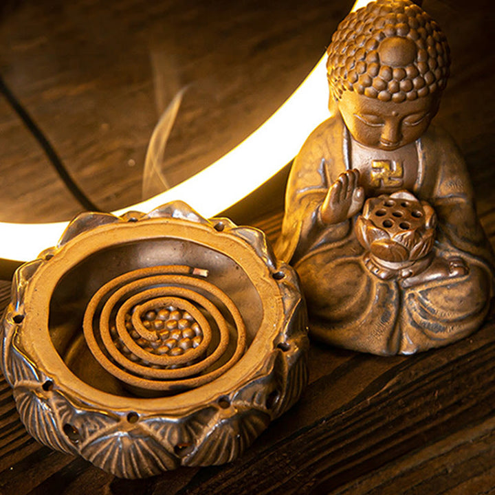 Buddha Stones Buddha Lotus Backflow Smoke Fountain Ceramic Blessing Incense Burner With Light Decoration