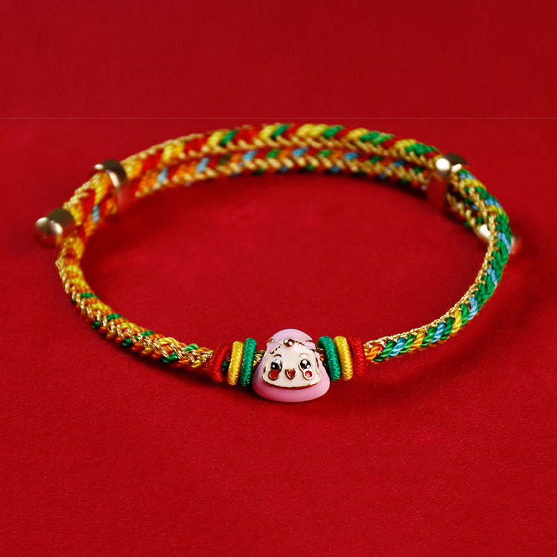 Buddha Stones Colorful Rope Zongzi Pattern Fu Character Luck Handmade Bracelet