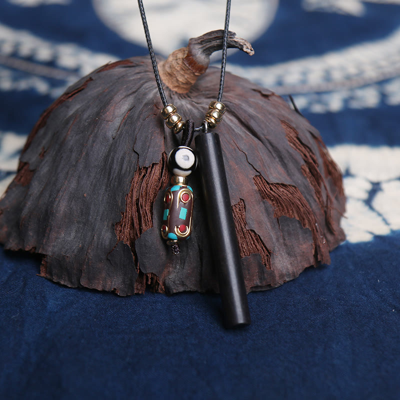 Tibetan Ebony Wood Dzi Bead Peace Calm Necklace Pendant