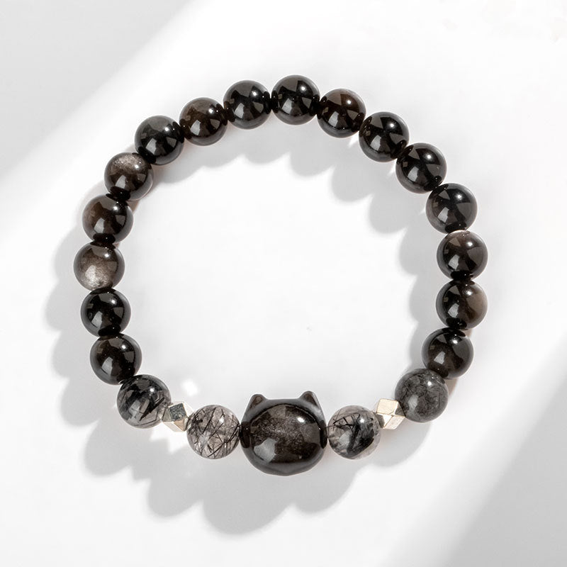 Buddha Stones Natural Silver Sheen Obsidian Cute Cat Head Protection Bracelet