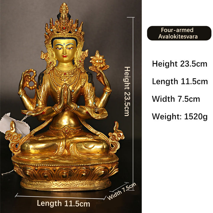 Bodhisattva Tara Chenrezig Four-armed Avalokitesvara Protection Copper Gold Plated Statue Decoration