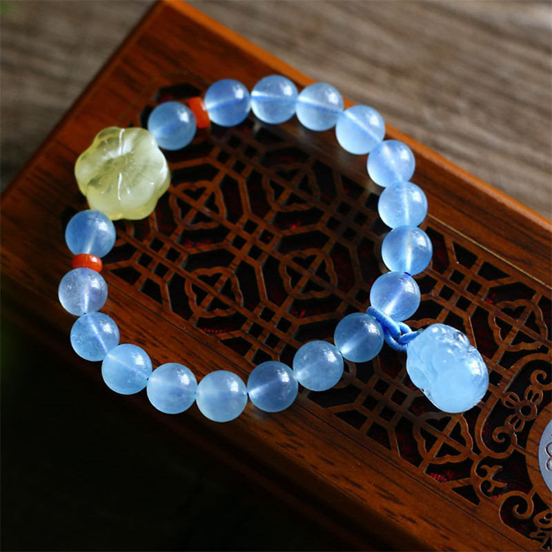 Natural Aquamarine Amber Pixiu Peace Healing Charm Bracelet