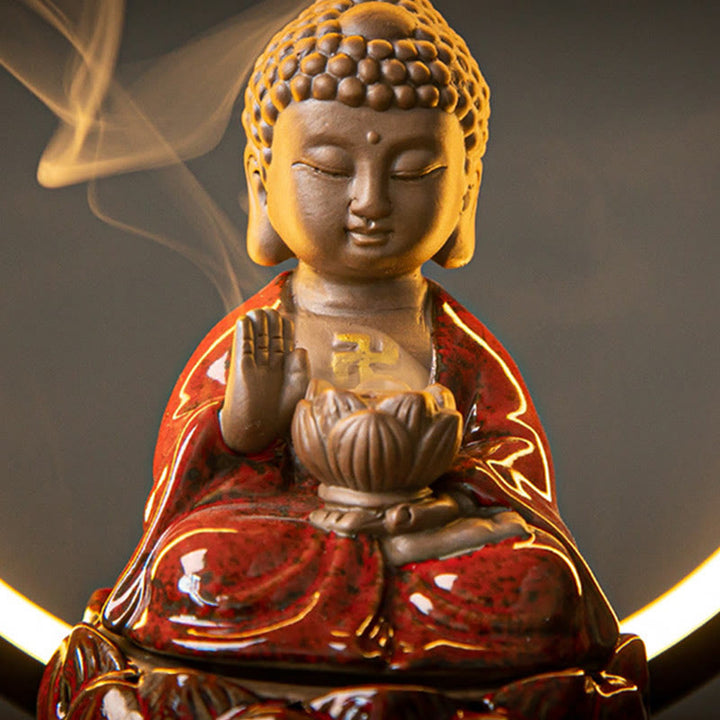 Buddha Stones Buddha Lotus Backflow Smoke Fountain Ceramic Blessing Incense Burner With Light Decoration