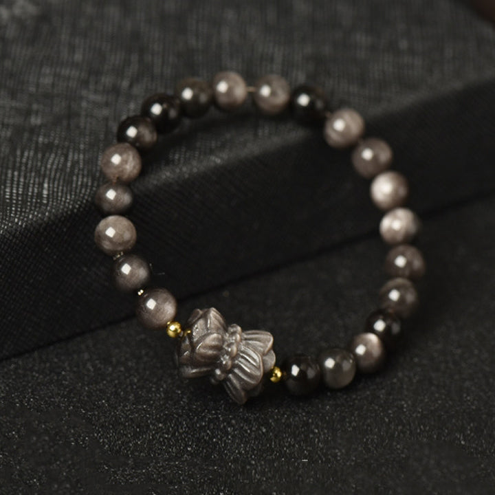 Buddha Stones Silver Sheen Obsidian Lotus Flower Nine Tailed Fox Laughing Buddha Protection Bracelet