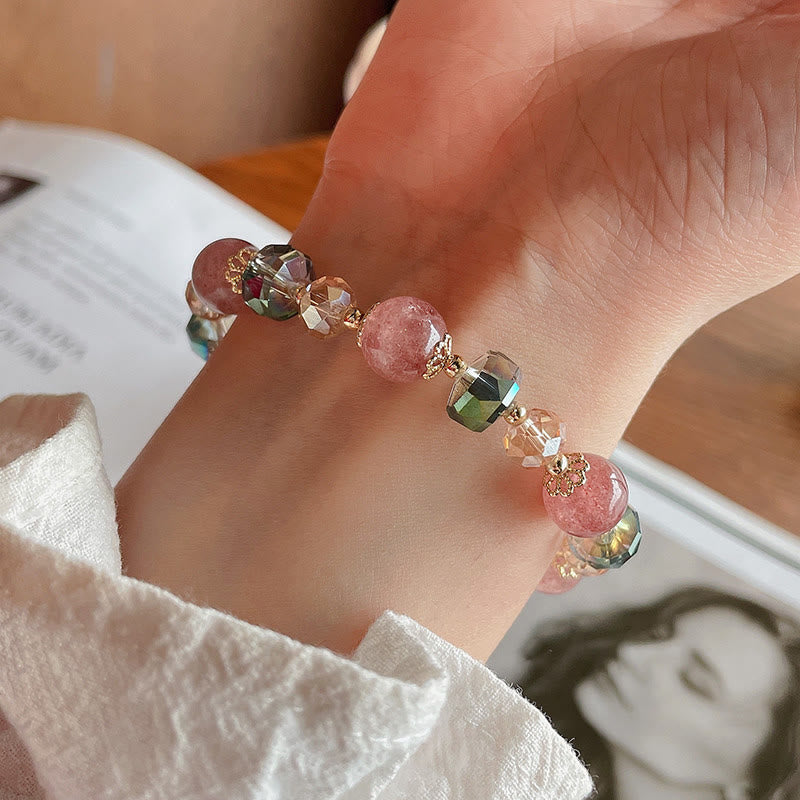 Buddha Stones Natural Strawberry Quartz Colorful Crystal Positive Bracelet