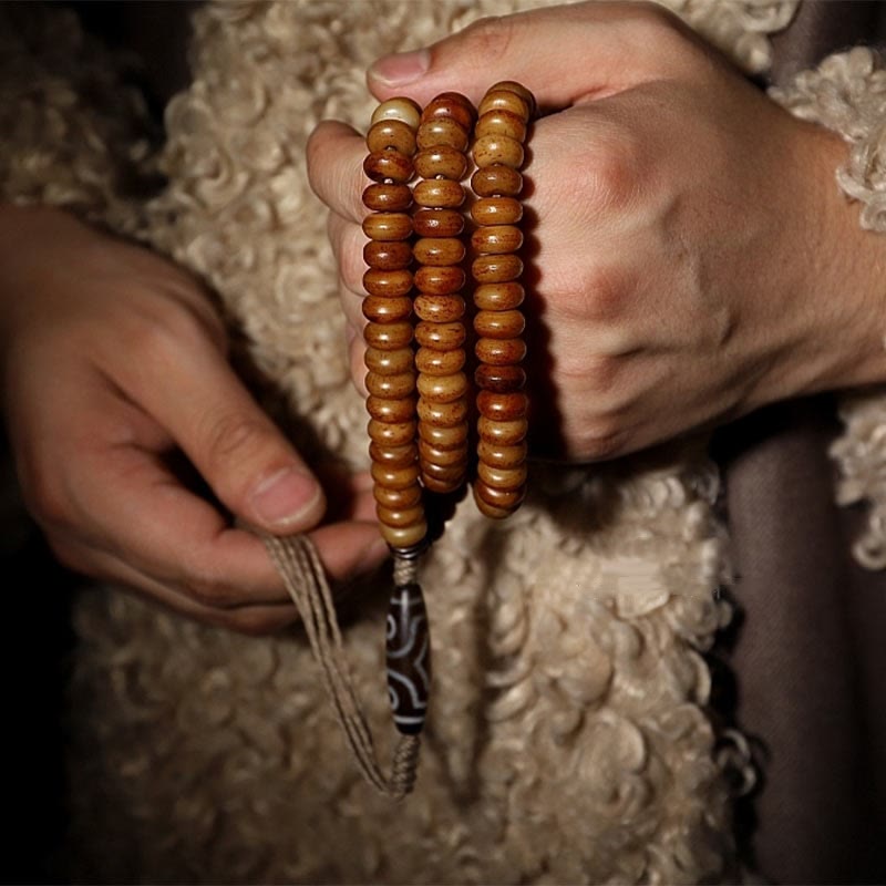 Buddha Stones Tibet 108 Mala Beads Yak Bone Three-eyed Dzi Bead Keep Away Evil Spirits Bracelet