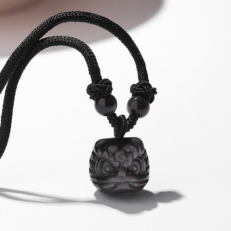 Buddha Stones Natural Silver Sheen Obsidian Red Agate Dancing Lion Protection Necklace Pendant