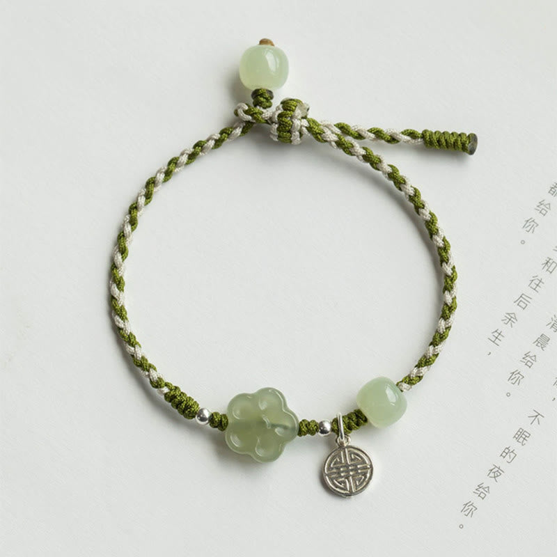 Buddha Stones Handmade Plum Blossom Flower Jade Luck Prosperity Braided Bracelet