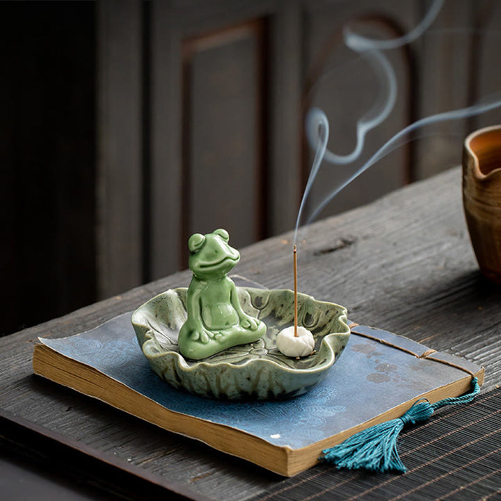 Buddha Stones Leaf Meditation Frog Pattern Healing Ceramic Incense Burner Decoration