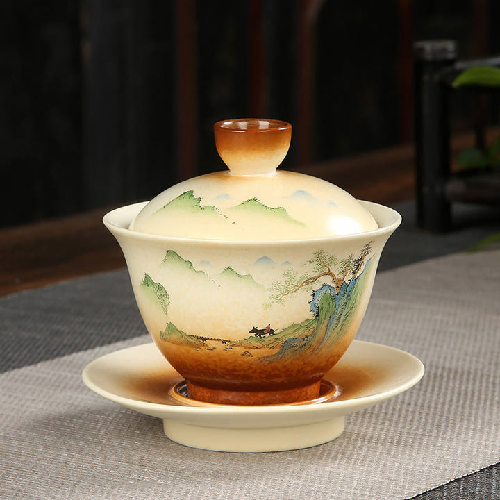 Buddha Stones Mountain Landscape Countryside Ceramic Gaiwan Sancai Teacup Kung Fu Tea Cup And Saucer With Lid