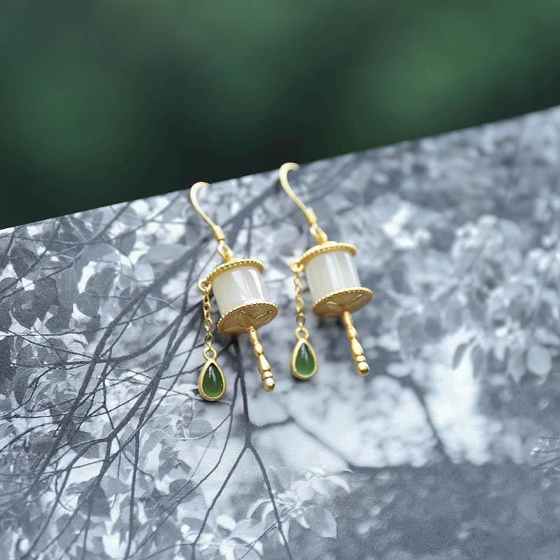 Buddha Stones 925 Sterling Silver Jade Prayer Wheel Luck Drop Earrings