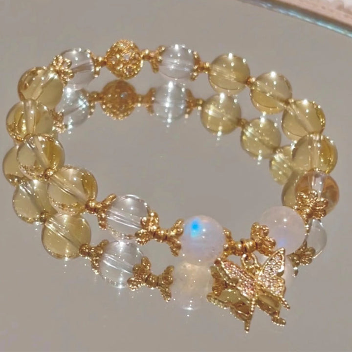 Buddha Stones Citrine Moonstone Butterfly Charm Prosperity Protection Bracelet