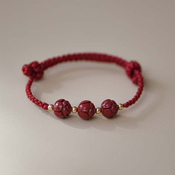 Buddha Stones Cinnabar Jade Lotus Calm Red String Weave Bracelet