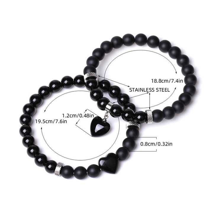 Buddha Stones 2Pcs Black Onyx Crystal Stone Love Heart Protection Support Couple Bracelet