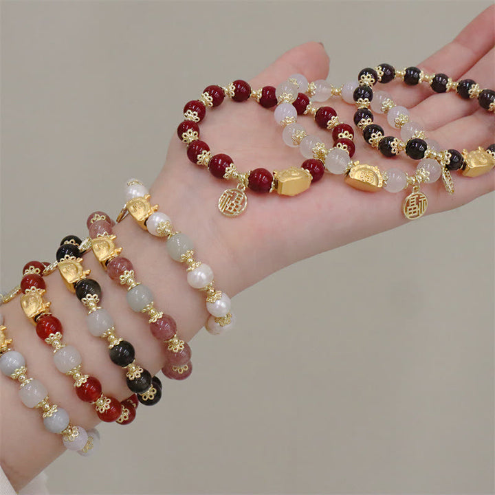 Buddha Stones Year Of The Dragon Red Agate Strawberry Quartz Black Obsidian Jade Garnet Pearl Cinnabar Dumpling Dragon Luck Fu Character Bracelet