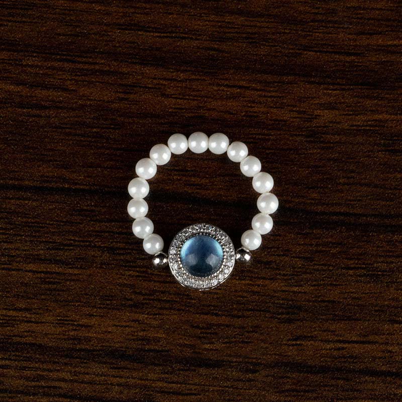 Buddha Stones 925 Sterling Silver Pearl Blue Chalcedony Healing Chain Bracelet Ring