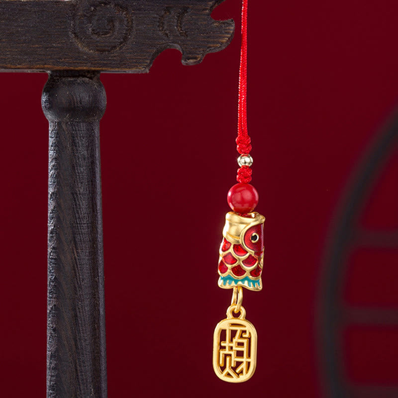 Buddha Stones Koi Fish Cinnabar Attracting Wealth Wish Ruyi Charm Luck Phone Hanging Decoration