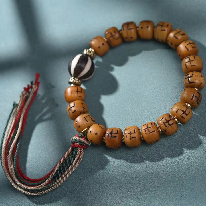 Buddha Stones Natural Tibetan Camel Bone Swastika Dzi Bead Shankha Buddha Charm Kirtimukha Luck Protection Tassel Bracelet