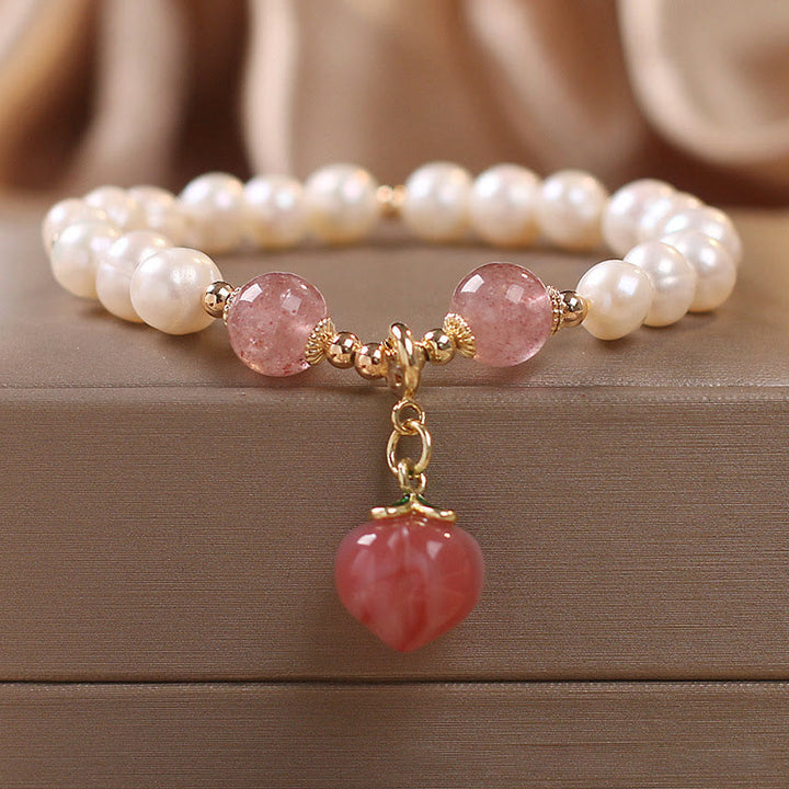 Buddha Stones Natural Pearl Strawberry Quartz Peach Love Heart Wisdom Charm Bracelet