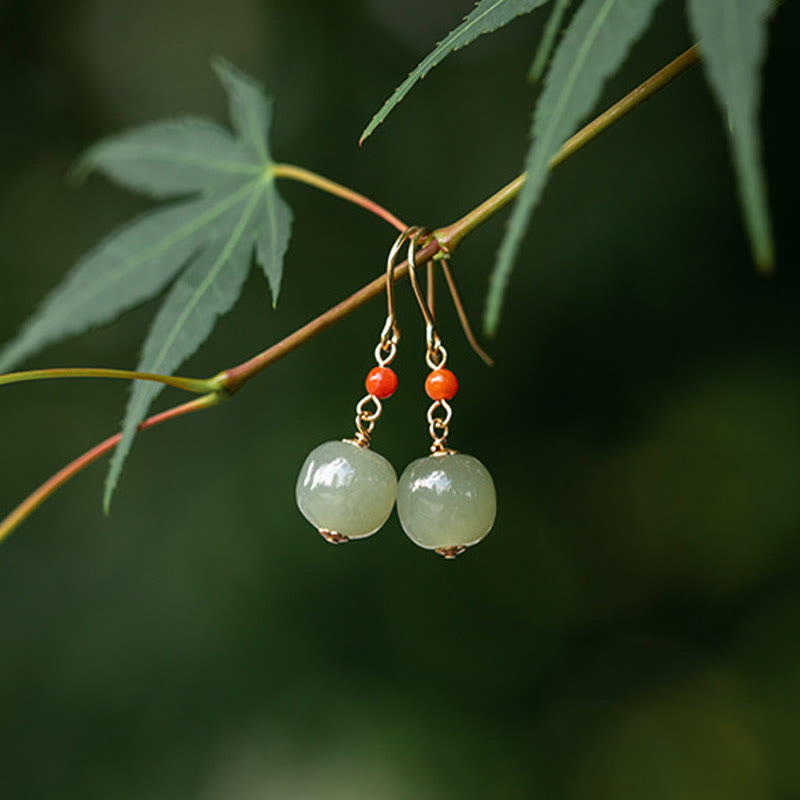 Buddha Stones 925 Sterling Silver 14K Gold Plated Hetian Jade Red Agate Luck Drop Dangle Earrings