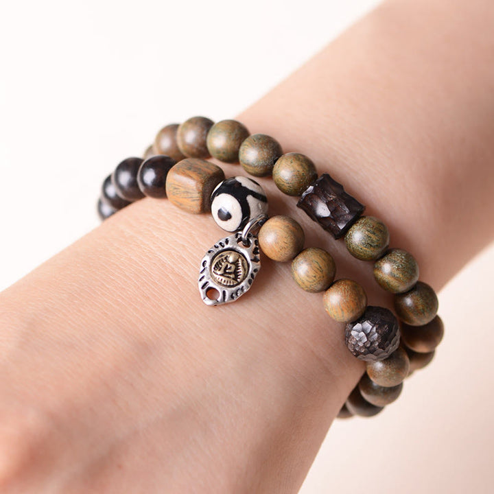 Buddha Stones Tibetan Green Sandalwood Ebony Wood Three-eyed Dzi Bead Fu Character Balance Peace Double Wrap Bracelet