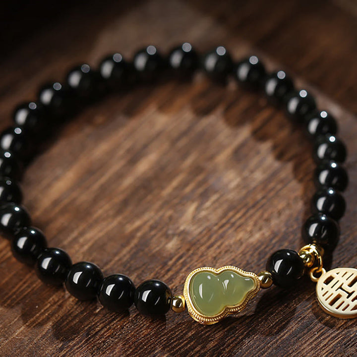 Natural Black Obsidian Hetian Jade Gourd Double Happiness Strength Bracelet