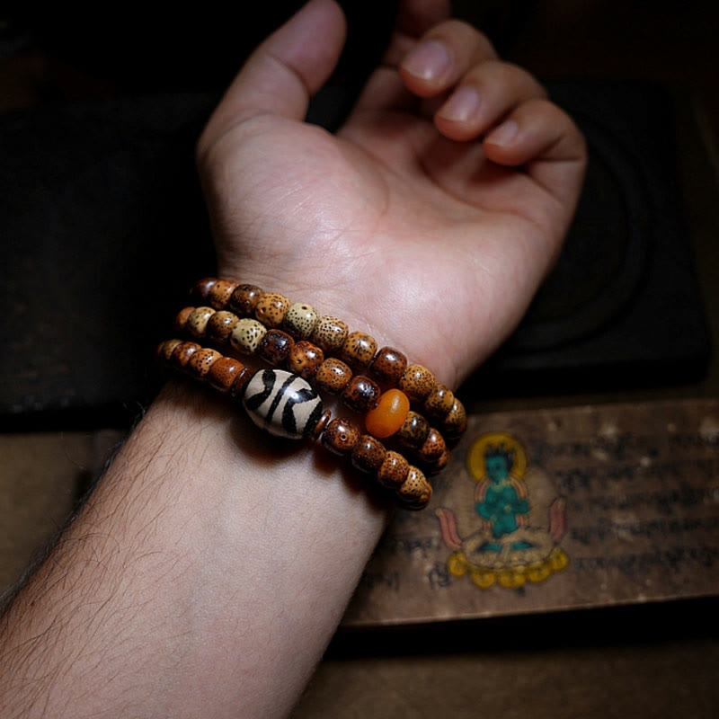 Buddha Stones Tibetan Bodhi Seed Amber Dzi Bead Agate Zakiram Goddess of Wealth Beads Triple Wrap Bracelet