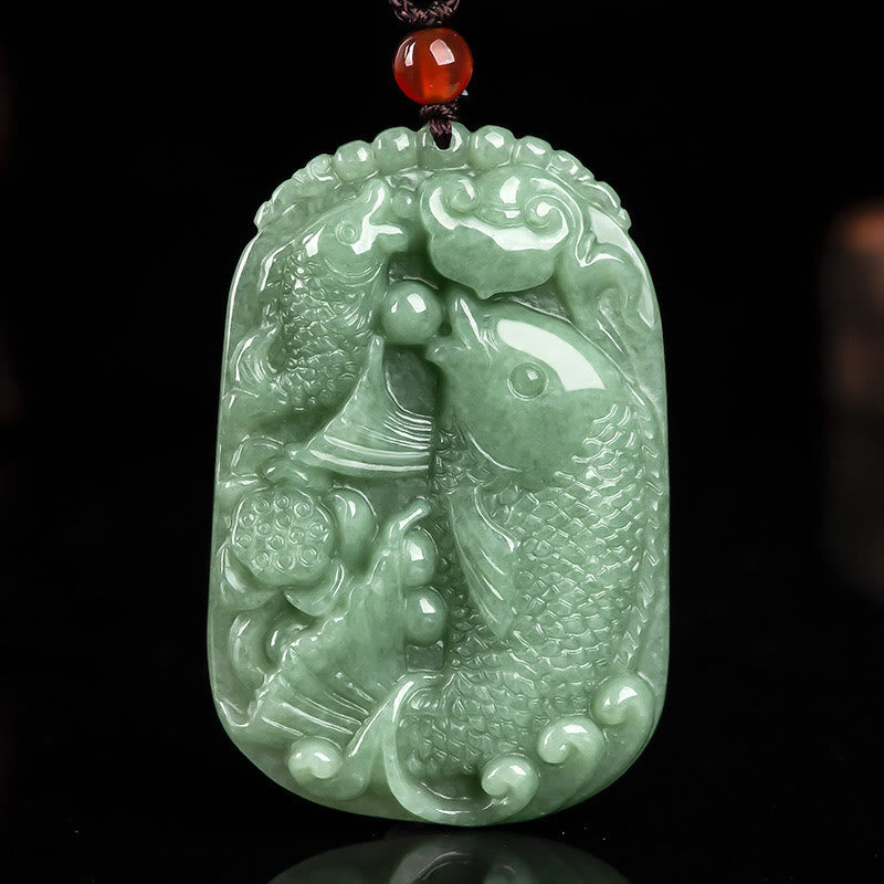 Buddha Stones Natural Jade Koi Fish Lotus Wealth Prosperity Necklace Pendant