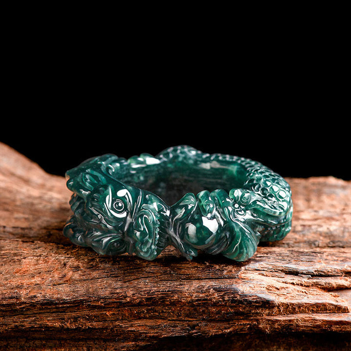 Buddha Stones Natural Cyan Jade Dragon Carved Success Ring