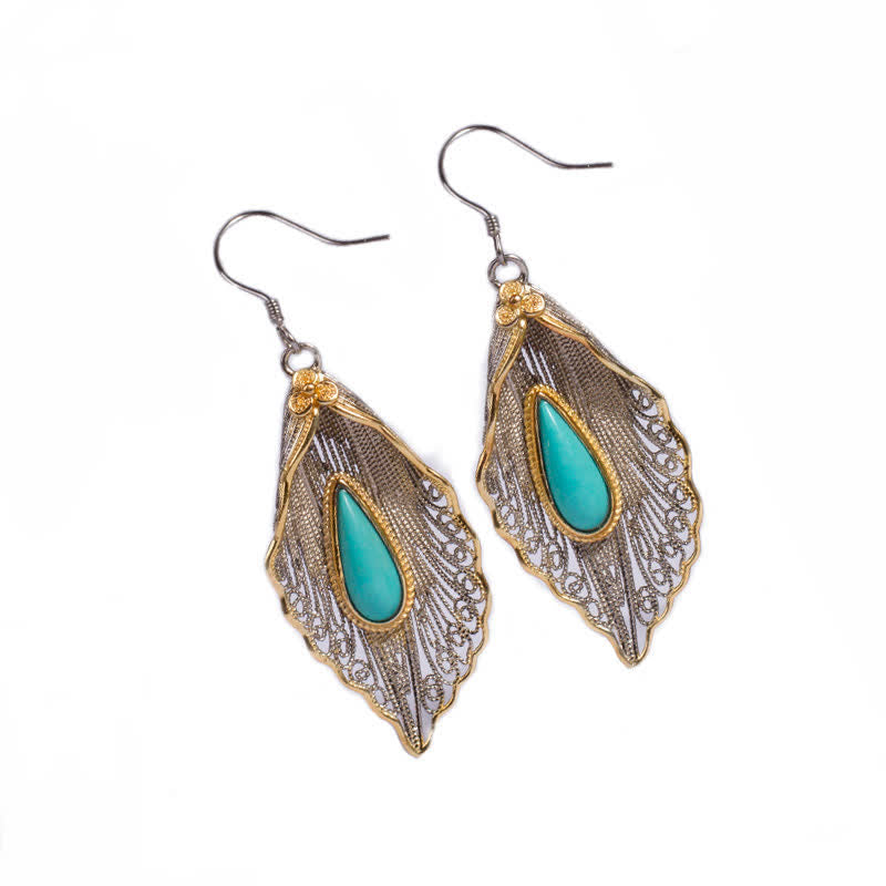 925 Sterling Silver Turquoise Bodhi Leaf Pattern Protection Drop Dangle Earrings