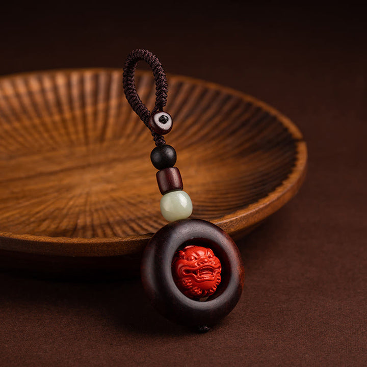 Buddha Stones Tibet Om Mani Padme Hum PiXiu Copper Coin Small Leaf Red Sandalwood Cinnabar Protection Key Chain