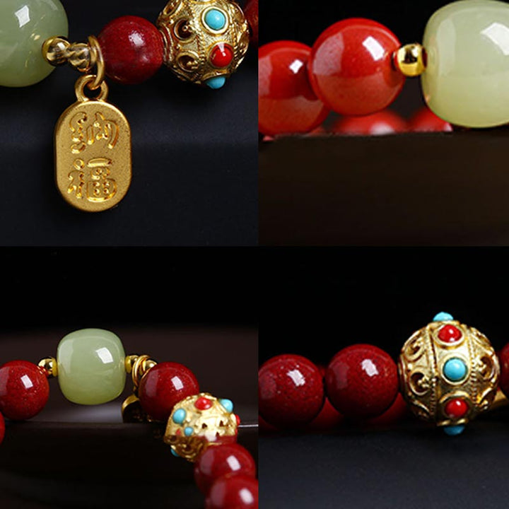 Buddha Stones Cinnabar Green Aventurine Fortune Protection Charm Bracelet