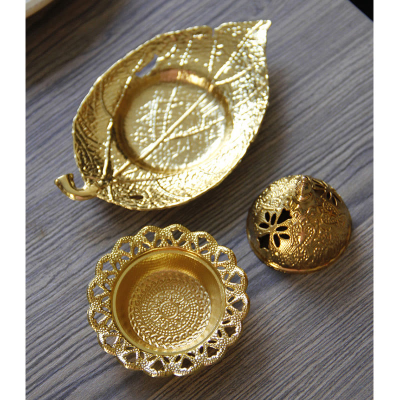 Tibetan Gold Mini Leaf Coaster Meditation Incense Burner