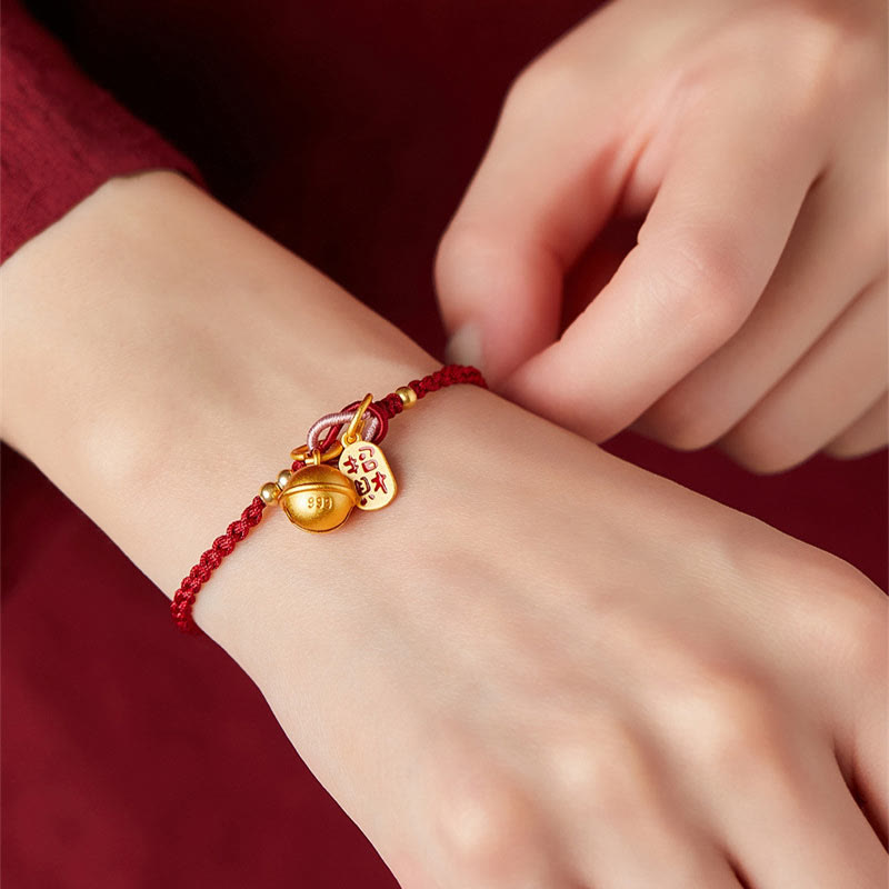 Buddha Stones Handmade Fu Character Charm Luck Happiness Bell Red Rope Bracelet